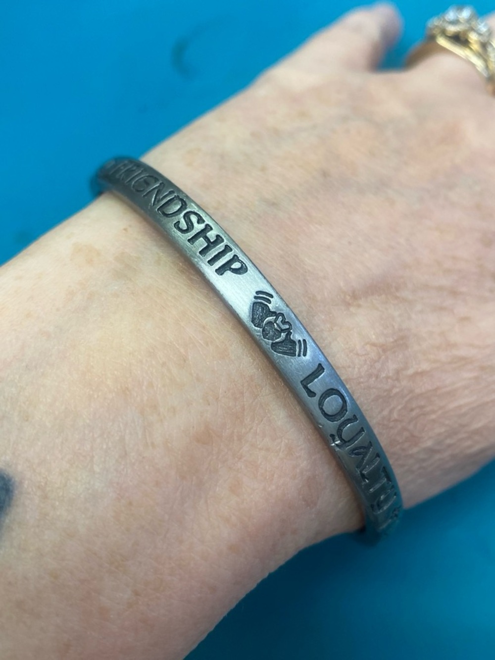 Engraved Friendship & Loyalty love  Cuff Bracelet in Antique Silver
